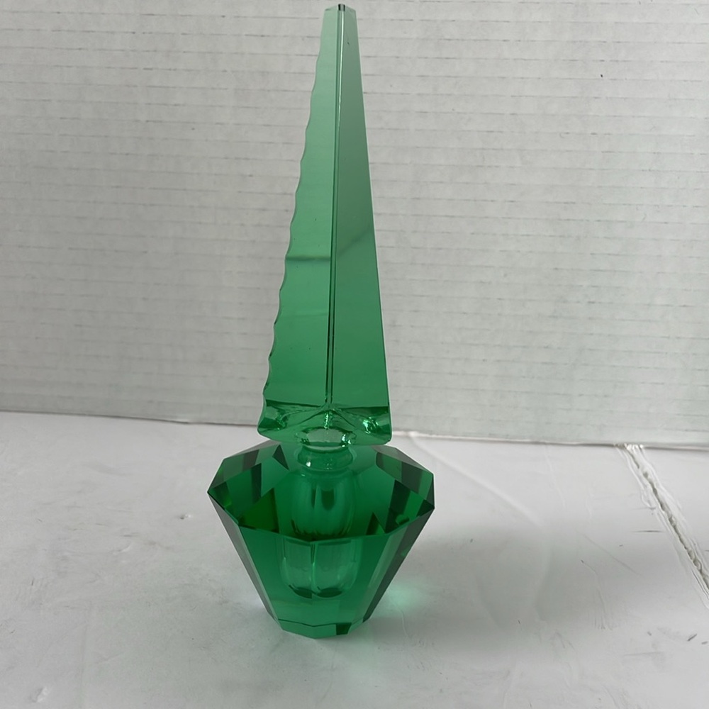 Hand cut glass perfume bottle green vintage